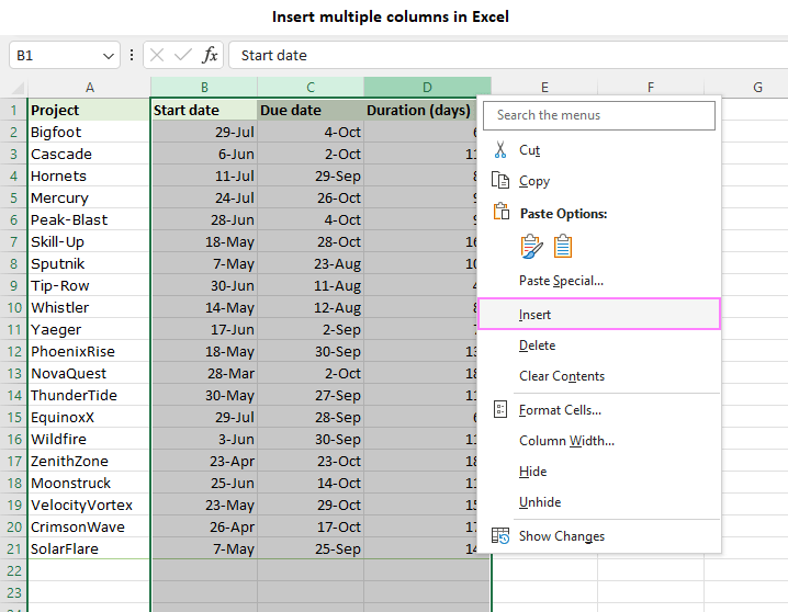 Cómo insertar columnas en Excel: única, múltiple, entre sí