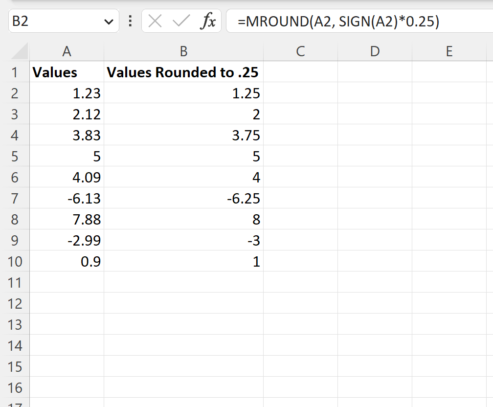 Cómo redondear al 0,25 más cercano en Excel (con ejemplo)