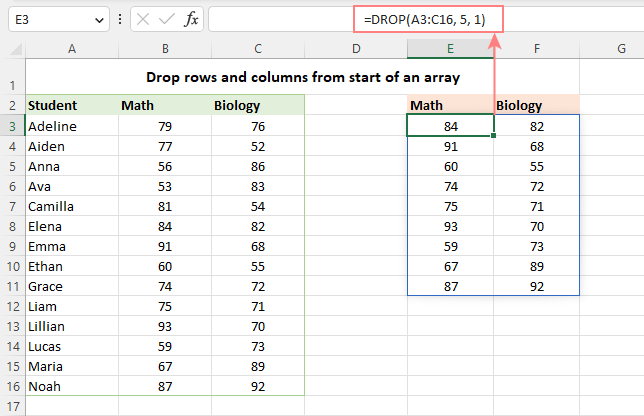 Función DROP de Excel para eliminar ciertas filas o columnas de la matriz