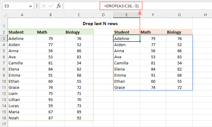 Función DROP de Excel para eliminar ciertas filas o columnas de la matriz