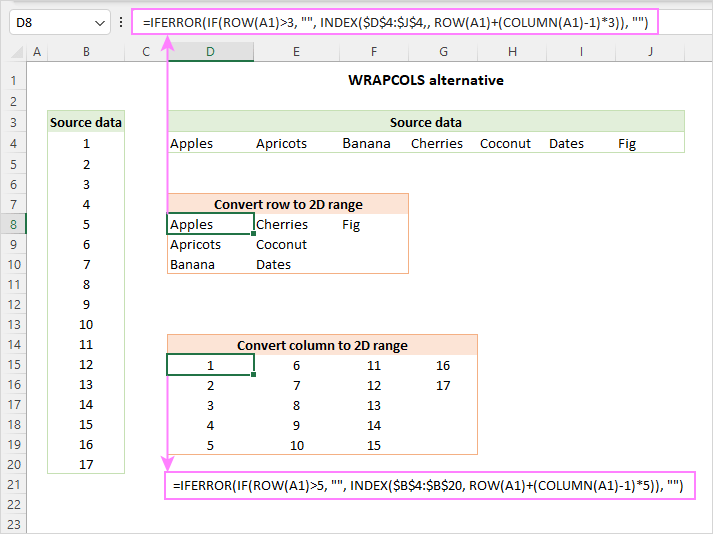 Convertir columna/fila a matriz en Excel: funciones WRAPCOLS y WRAPROWS