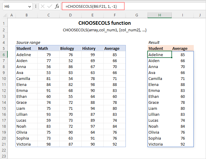 Función CHOOSECOLS de Excel para obtener columnas de una matriz o rango