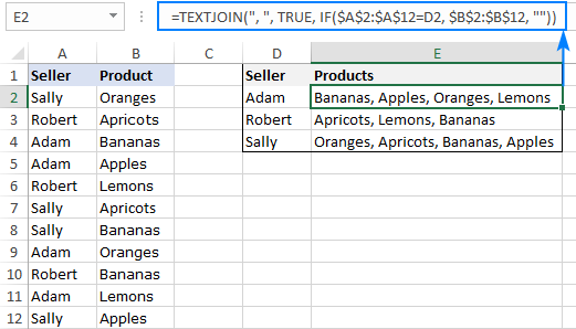 Función TEXTJOIN en Excel para fusionar texto de varias celdas