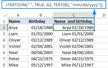 Función TEXTJOIN en Excel para fusionar texto de varias celdas