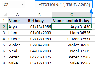 Función TEXTJOIN en Excel para fusionar texto de varias celdas