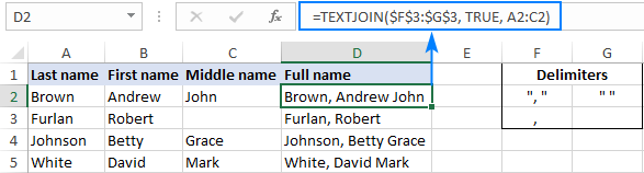 Función TEXTJOIN en Excel para fusionar texto de varias celdas