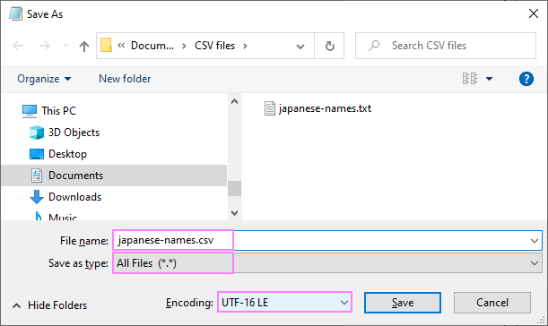 Convierta Excel a CSV (delimitado por comas) y UTF-8