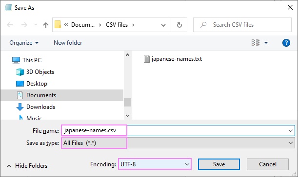 Convierta Excel a CSV (delimitado por comas) y UTF-8
