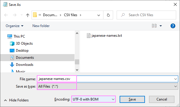 Convierta Excel a CSV (delimitado por comas) y UTF-8