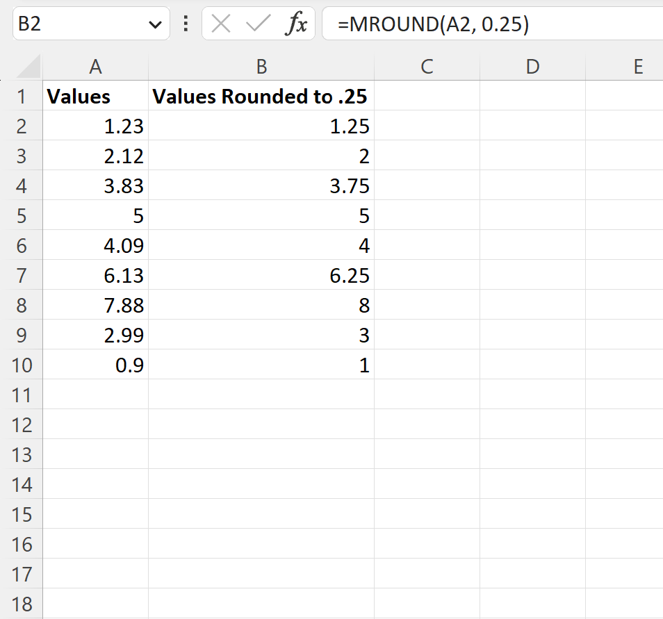 Cómo redondear al 0,25 más cercano en Excel (con ejemplo) Cómo redondear al 0,25 más cercano en Excel (con ejemplo)