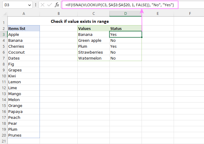 Compruebe si el valor existe dentro del rango en Excel y Google Sheets