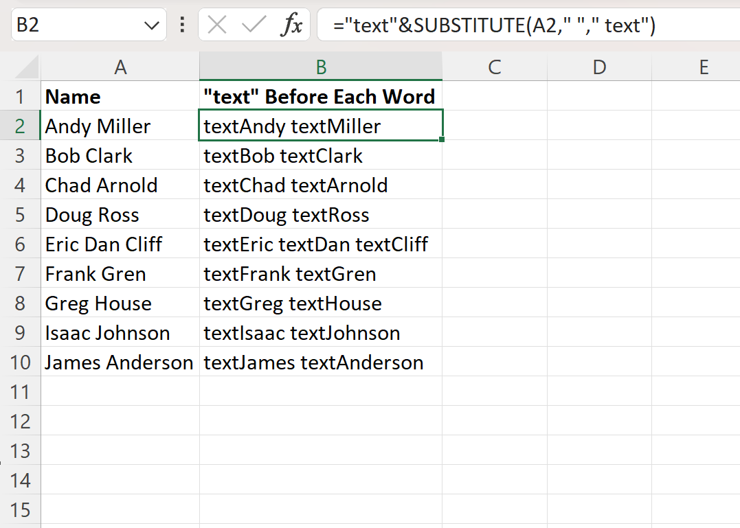 Excel: cómo agregar un carácter antes de cada palabra en la celda
