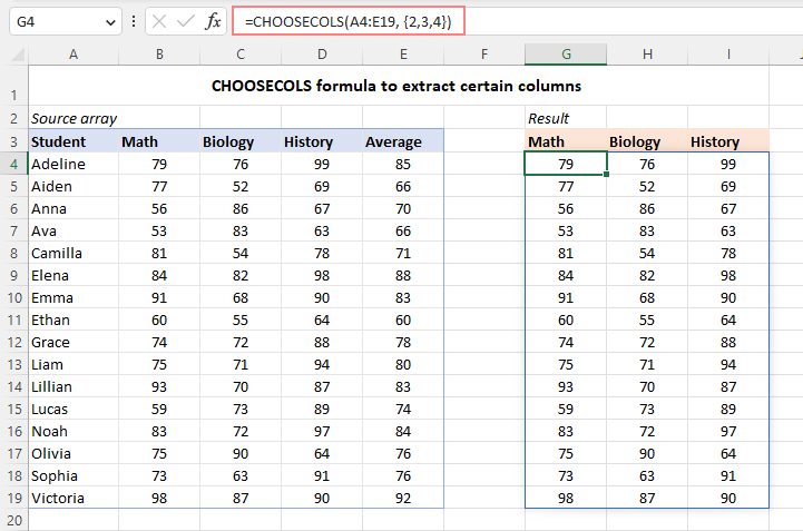 Función CHOOSECOLS de Excel para obtener columnas de una matriz o rango Función CHOOSECOLS de Excel para obtener columnas de una matriz o rango