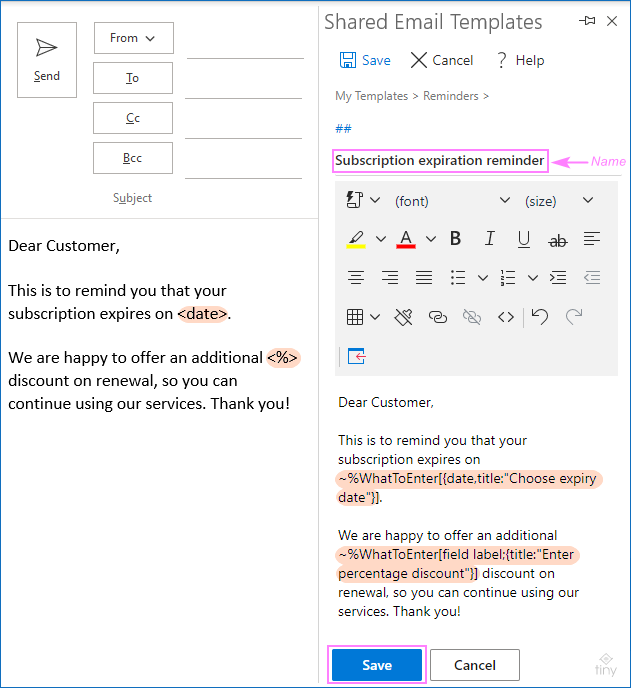 Cree una plantilla de correo electrónico de Outlook con campos rellenables, variables y menú desplegable