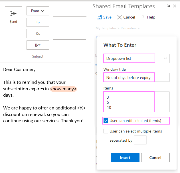 Cree una plantilla de correo electrónico de Outlook con campos rellenables, variables y menú desplegable