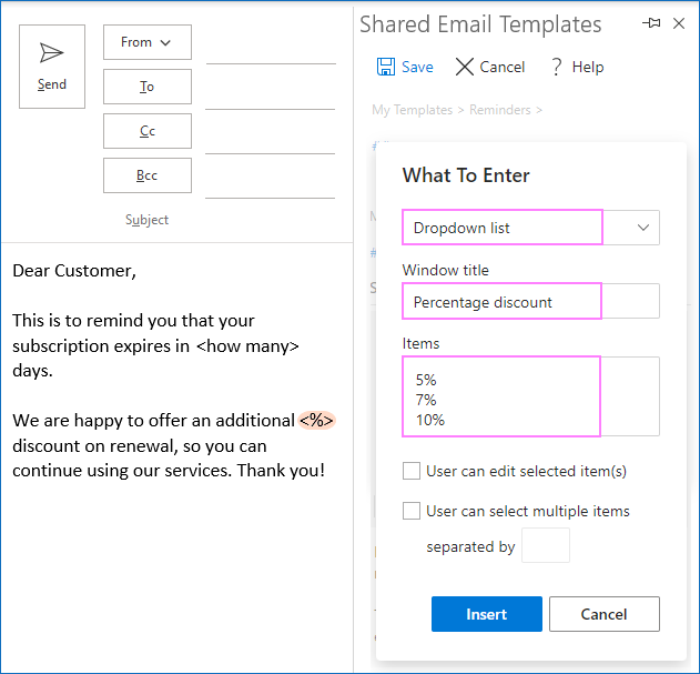 Cree una plantilla de correo electrónico de Outlook con campos rellenables, variables y menú desplegable