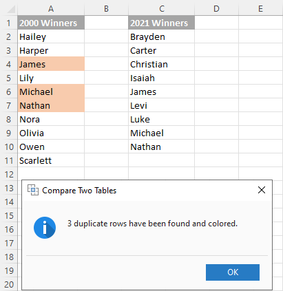 Compare dos columnas para coincidencias y diferencias.