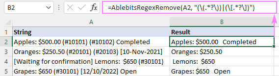 Regex para eliminar ciertos caracteres o texto en Excel