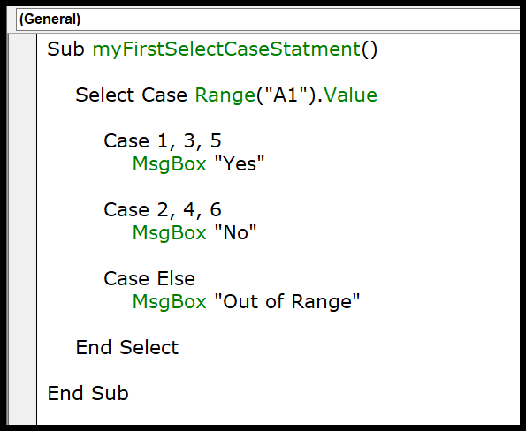 Declaración VBA SELECT CASE (prueba de varias condiciones)