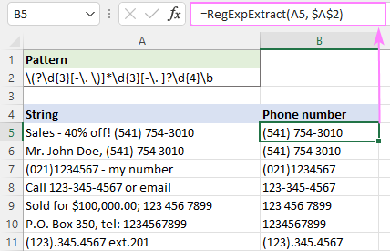 Regex para extraer cadenas en Excel (una o todas las coincidencias)