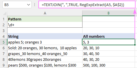 Regex para extraer cadenas en Excel (una o todas las coincidencias)