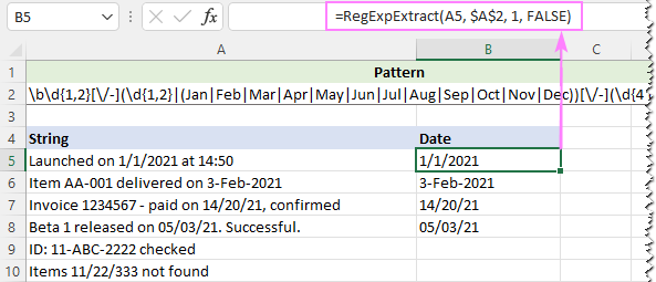 Regex para extraer cadenas en Excel (una o todas las coincidencias)