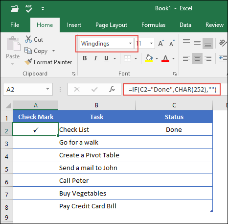 Cómo insertar un símbolo de marca de verificación [Tickmark ✓] en excel