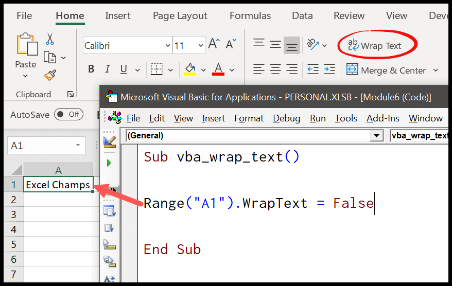 Texto ajustado de VBA (celda, rango y hoja de trabajo completa)