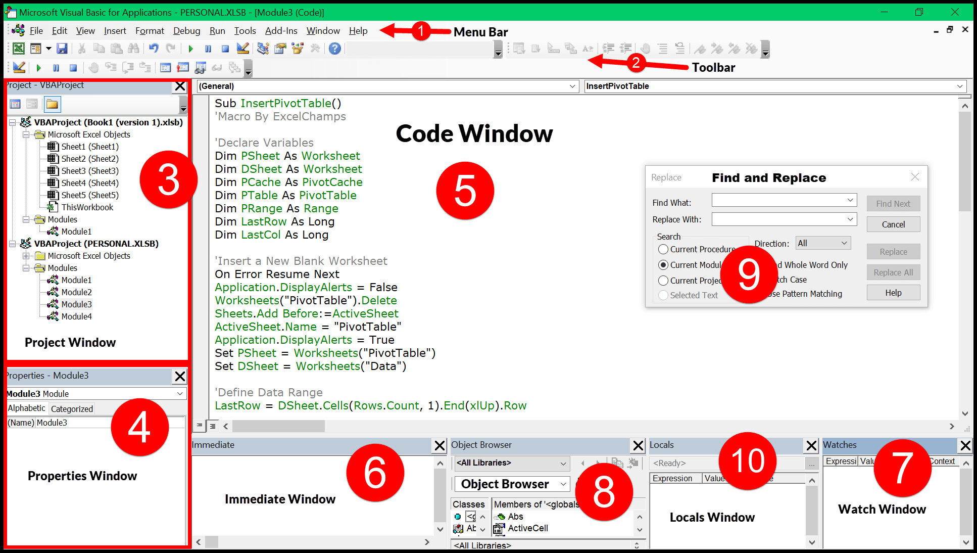 Editor de Excel Visual Basic (VBE) para Windows
