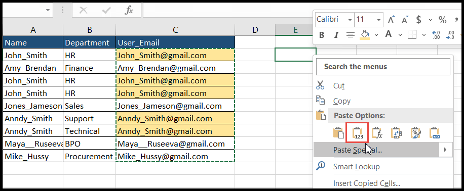 Copiar y pegar valores sin formatear en Excel