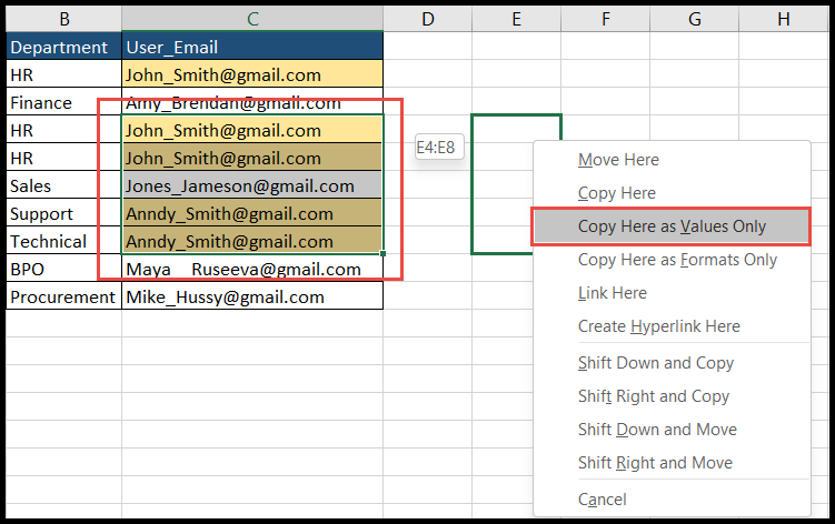 Copiar y pegar valores sin formatear en Excel