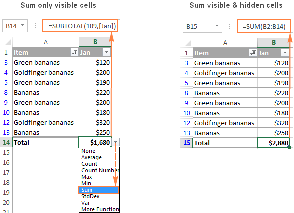 Fórmula SUMA de Excel para totalizar una columna, filas o solo celdas visibles