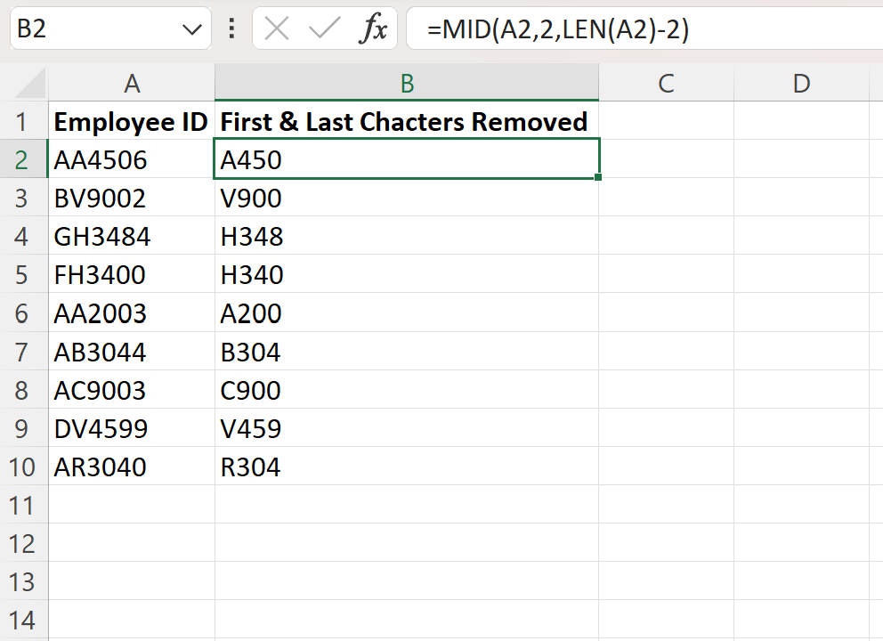 Excel: cómo eliminar el primer y último carácter de una cadena