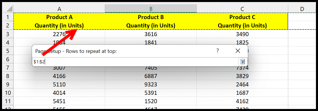 Configure la fila 1 para imprimir en cada página