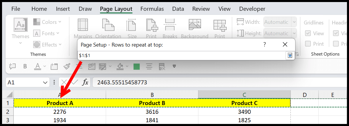 Configure la fila 1 para imprimir en cada página