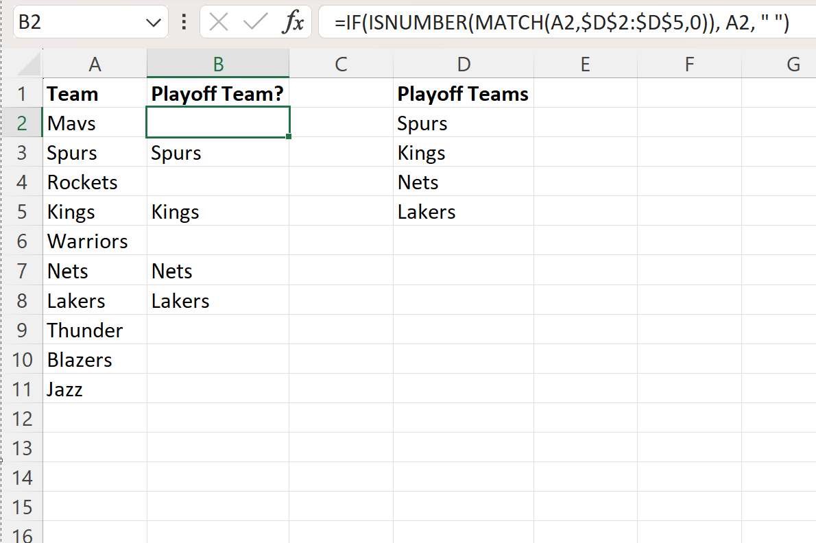 Fórmula de Excel: si la celda es igual al valor de la lista, entonces