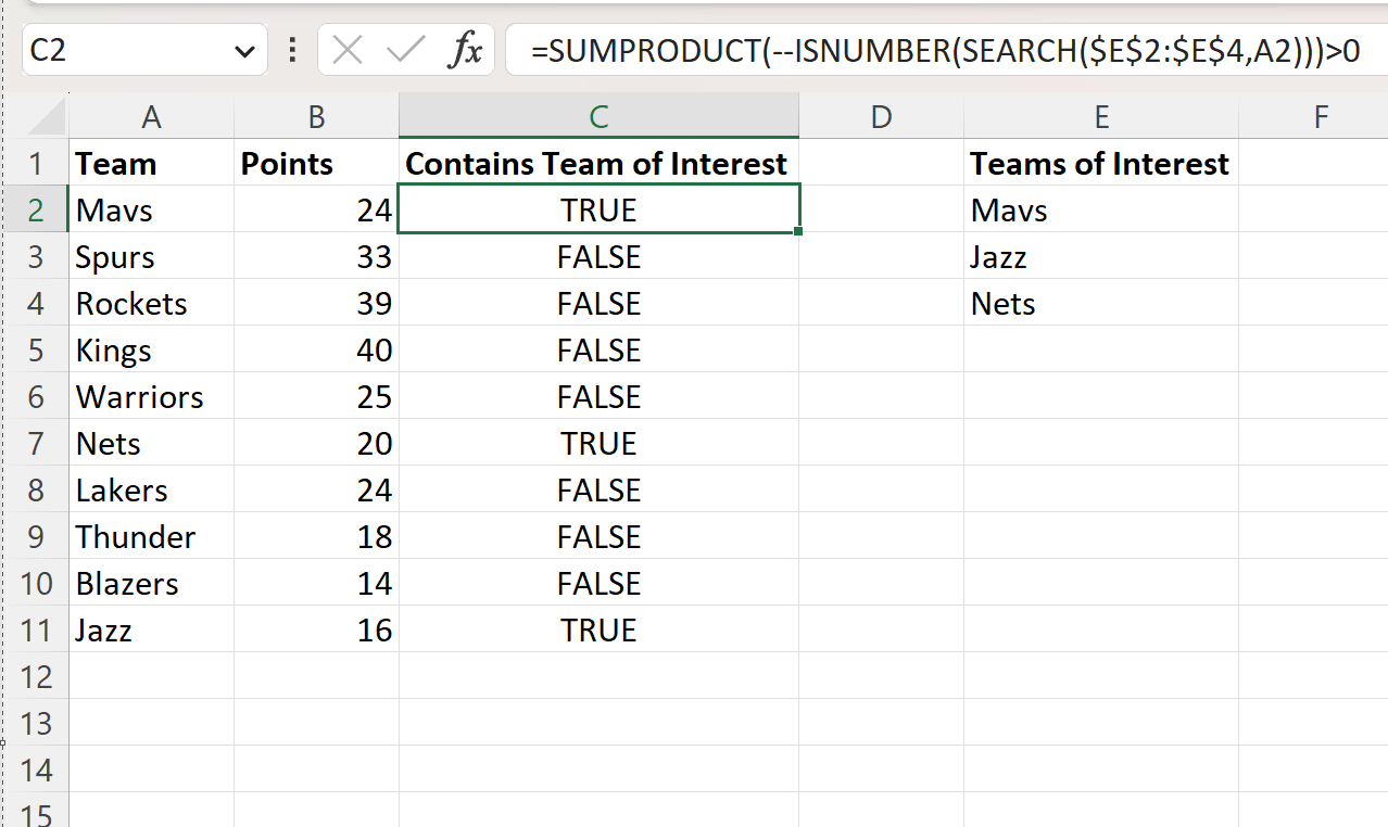 Excel: compruebe si la celda contiene uno de varios valores