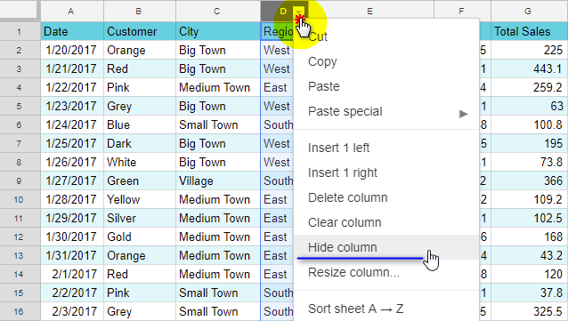 Mover, fusionar, ocultar y congelar columnas en Google Sheets