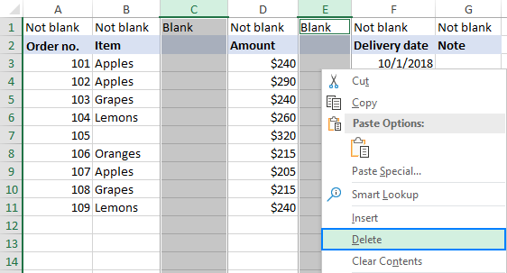 Cómo eliminar columnas en blanco en Excel