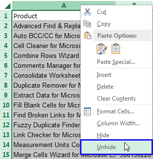 Cómo mostrar columnas en Excel, mostrar columnas ocultas