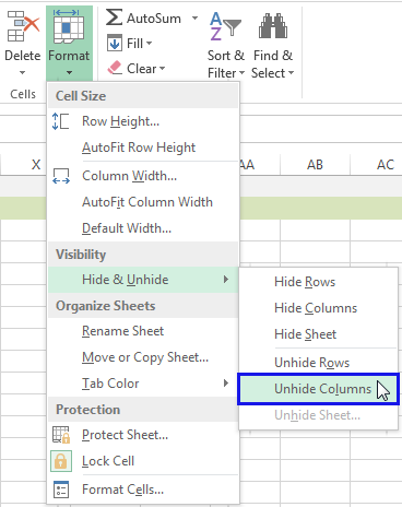Cómo mostrar columnas en Excel, mostrar columnas ocultas