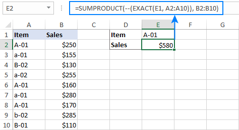 SUMIF y SUMIFS distinguen entre mayúsculas y minúsculas en Excel y Google Sheets