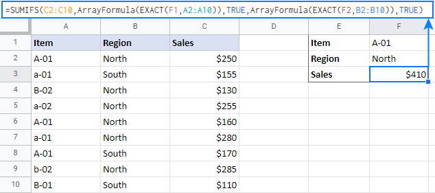 SUMIF y SUMIFS distinguen entre mayúsculas y minúsculas en Excel y Google Sheets