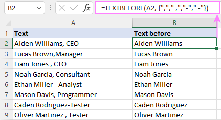 Función TEXTBEFORE de Excel: extrae texto antes del carácter (delimitador)