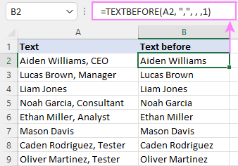 Función TEXTBEFORE de Excel: extrae texto antes del carácter (delimitador)
