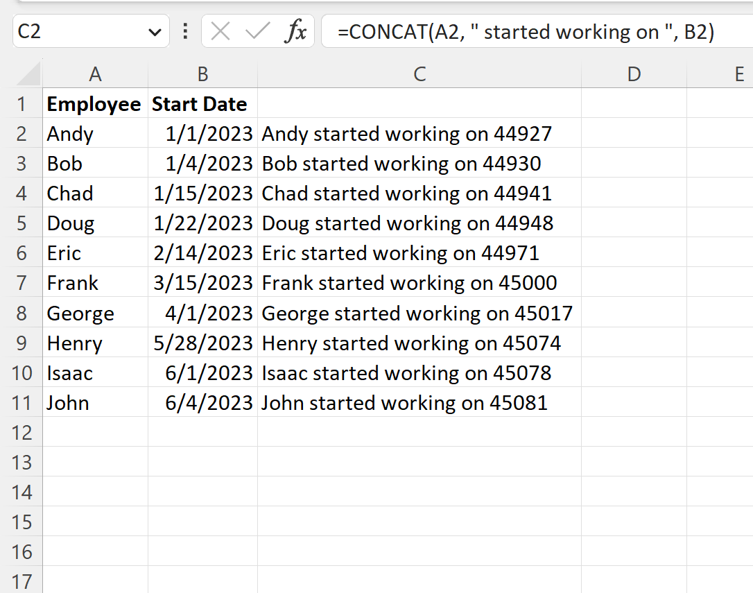 Cómo concatenar texto y fecha en Excel (con ejemplo)