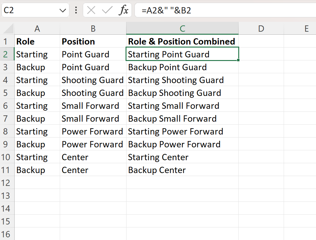 Excel: cómo combinar valores de dos columnas con espacio