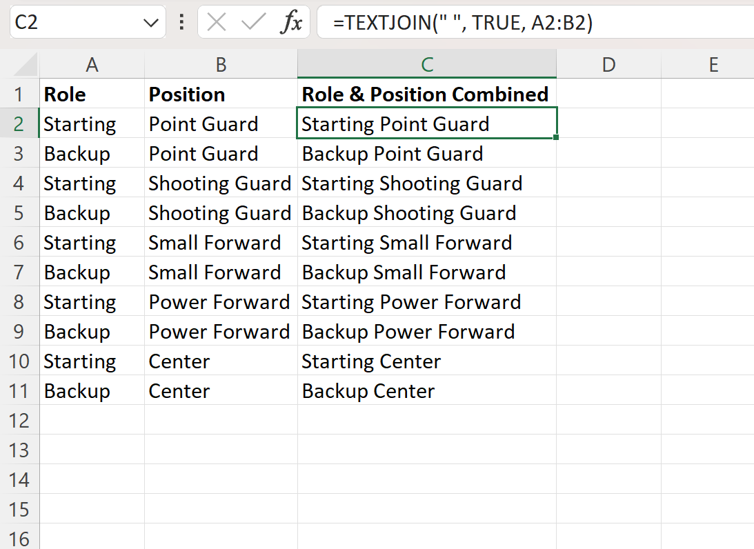Excel: cómo combinar valores de dos columnas con espacio
