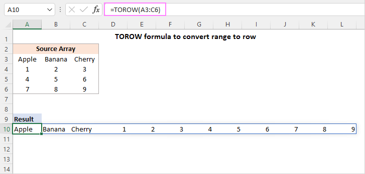 Función TOROW de Excel para transformar rango o matriz en fila