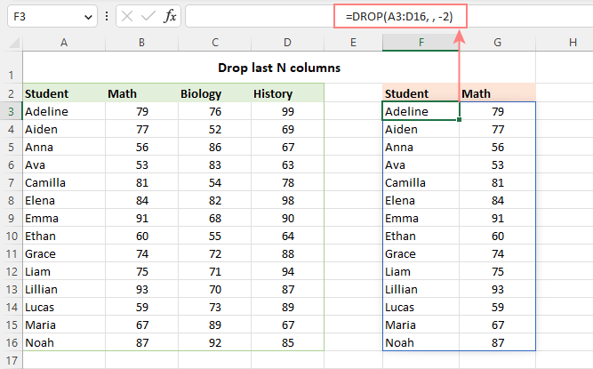 Función DROP de Excel para eliminar ciertas filas o columnas de la matriz